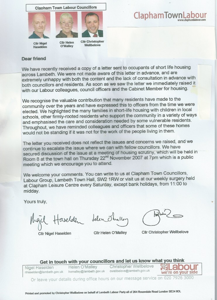 Labour councillors 'shortlife' leaflet 1